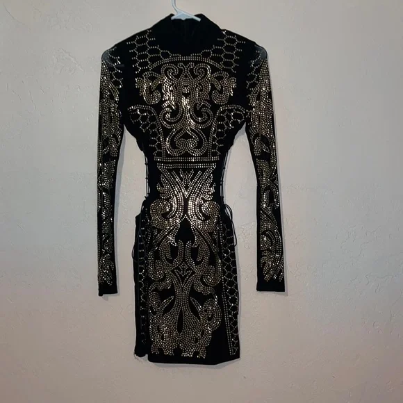 fashion nova black and gold dress Champagne Sequin High Neck Ruched Bodycon Mini Dress main image 1